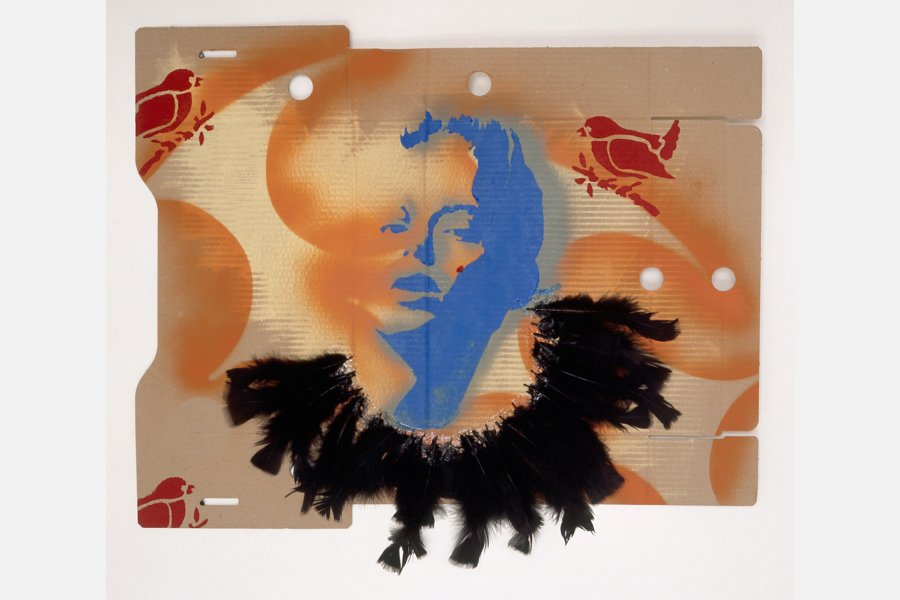 Prends garde au chant du rossignol – Acrylique et plumes sur carton – 56 x 73 cm – 2007