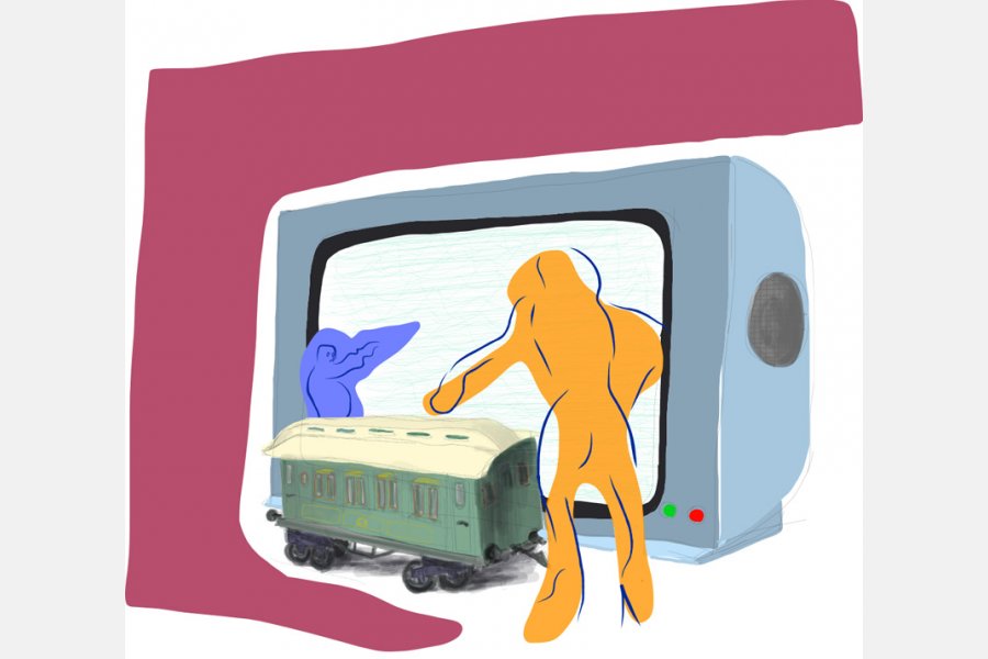 Un train peut en cacher un autre- digigraphie sur papier- 50 x 50 cm - 2016